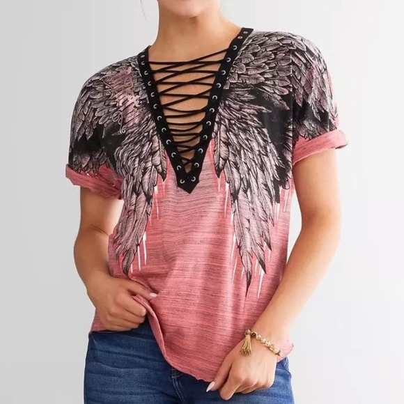 Affliction Age Of Winter Lace-Up T-Shirt Angel Wings Graphic Top XL - Picture 1 of 10